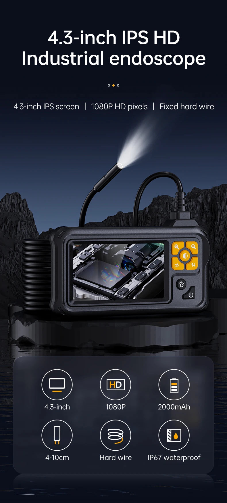 KERUI Industrial Endoscope Camera 4.3inch IPS Screen Dual Lens HD IP67 Waterproof Light Inspection Borescope For Pipe Car Repair - Shoppiline