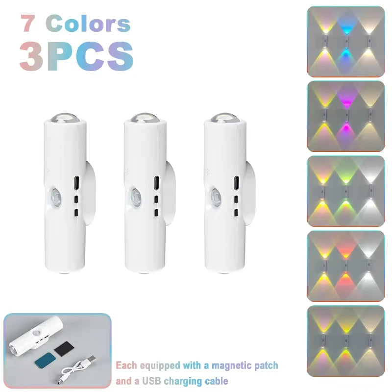 Double-head LED Night Light with Motion Sensor RGB Rechargeable Magnetic Wall Lamp Mood Ambient Light for Cabinet Hallway Stair