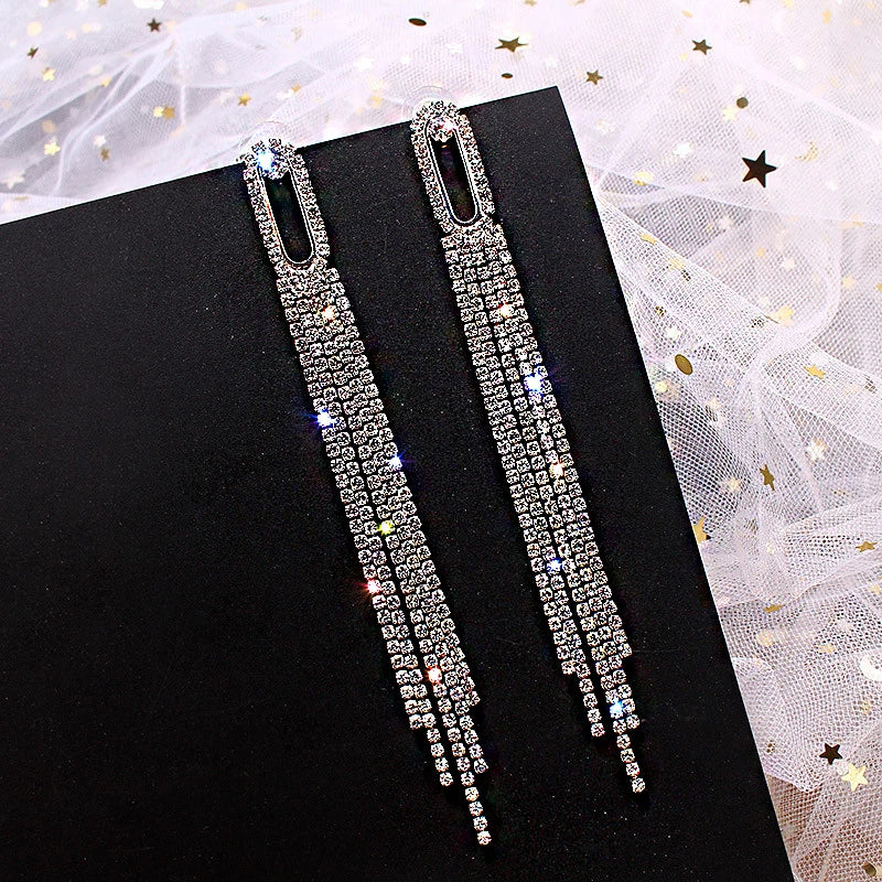 Shiny Crystal Zircon Long Stud Earrings for Women Geometric Hanging Drop Tassel Earring Fashion Party Vintage Pendant Jewelry