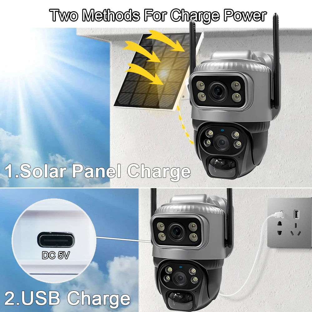 V380 Dual Lens 4G Camera Solar PIR Human Detection Night Vision Waterproof Security Video IP Camara 8MP 4K Battery CCTV Monitor - Shoppiline