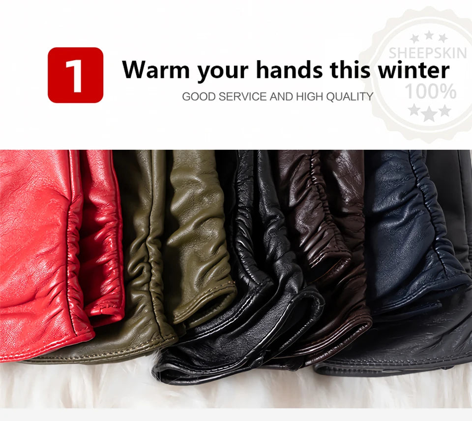 Women's sheepskin gloves winter warm plus velvet short thin touch screen driving color women's leather gloves good quality -2226