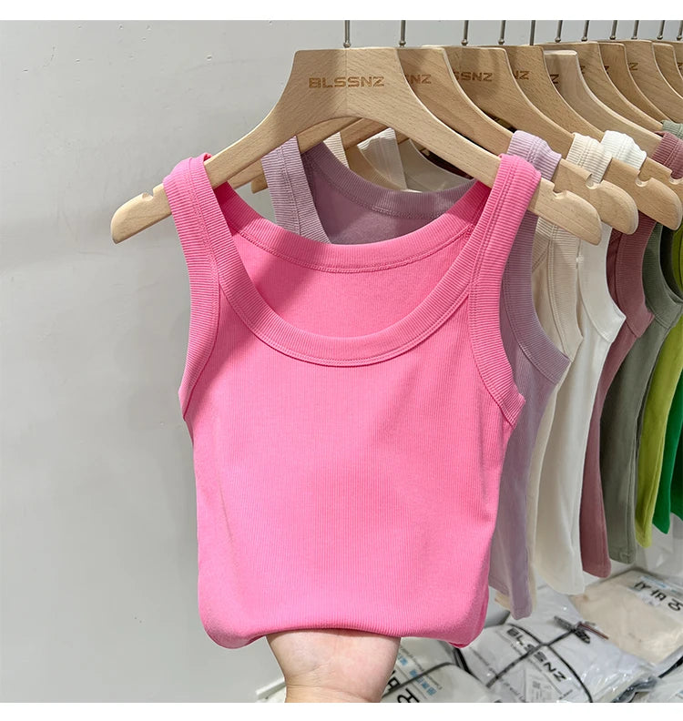 zjaiss Women Solid Round Neck Ribbed Tank Top Camisole Women 2026 Summer Basic Elastic Tank Top O Neck Solid Tank Top