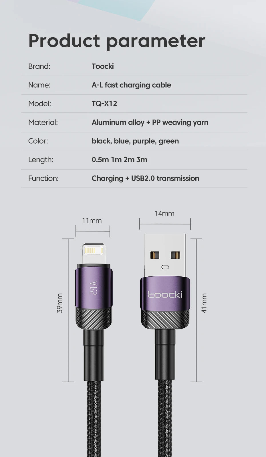 Toocki USB Lightning Cable For iPhone 14 13 12 11 Pro PlusMax Xs Xr 8 Fast Charging USB Wire For iPhone Charging Data Cord Cable