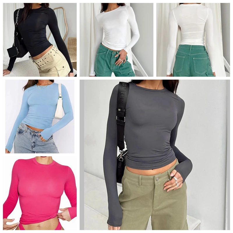 Damenbekleidung Langarm-T-Shirt Slim Fit Tops Damen Rundhals Enganliegendes T-Shirt Streetwear 2024 Y2K Qtraf 2408