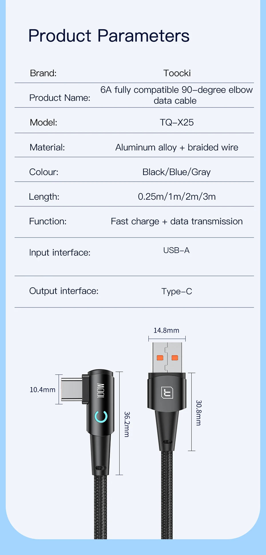 Toocki 6A USB C Cable 90 Degree For OPPO 100W Fast Charging Cord For Honor Huawei Oneplus Realme Charger Data Wire