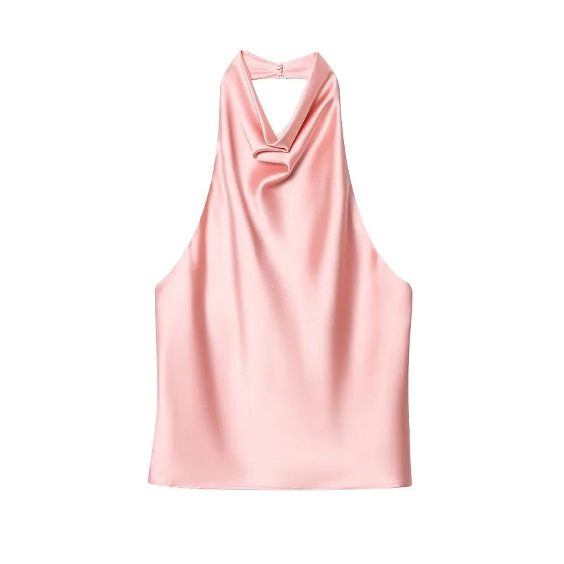MUJER 2026 Halter Tops for Women Black Satin Backless Top Female Pink Summer Beach Top Woman off Shoulder Camisole Top Women