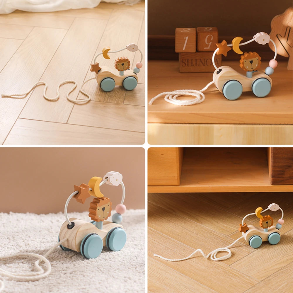 Montessori Holz Baby Anhänger Spielzeug Multifunktionale Bunte Cartoon Bausteine Ziehen Auto Eltern Kind Spielzeug Baby Geschenk