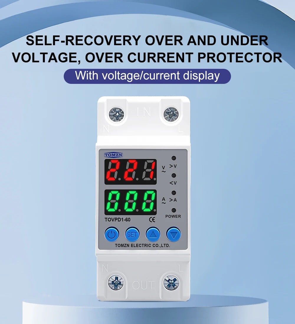 DIN Rail Dual Display Adjustable Over Voltage Current And Under Voltage Protective Device Protector Relay 40A 63A 80A 220V 230V