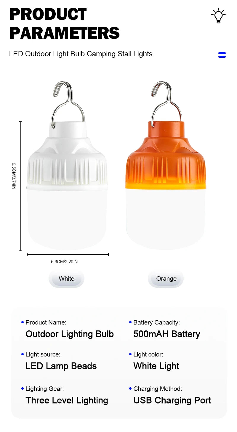 Outdoor USB Rechargeable LED Lamp Bulbs Super Bright Emergency Light with Hook Portable Camping Fishing Lantern Night Lights