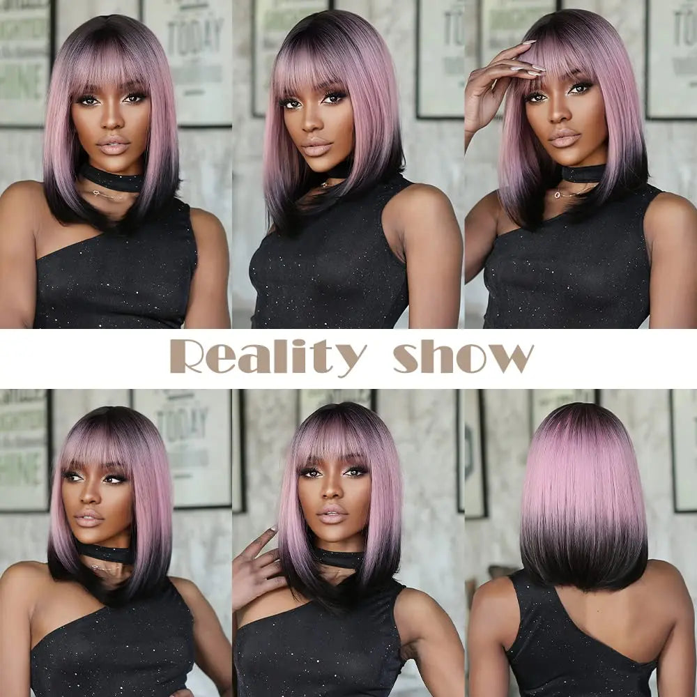 Ombre Pink Black Wigs For Women with Bangs Cosplay Colorful Wigs Synthetic Layered Hair Wigs For Daily Party/Halloween Use