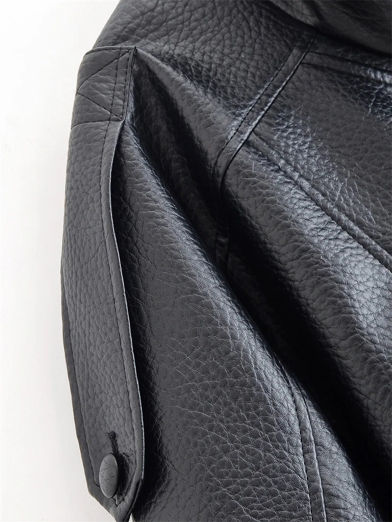 Women's Jacket 2026 Autunm  New Black Long Sleeve Pebble Faux Leather Jacket Motorcycle Style Personality Fashion