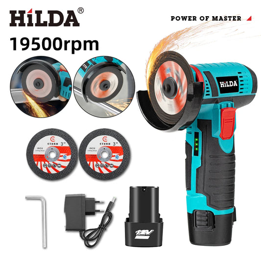 HILDA 3 inch Mini Angle Grinder 12v Cordless Power Tool For Cutting Diamond Polishing And Grinding Rechargeable Angle Grinder - Shoppiline
