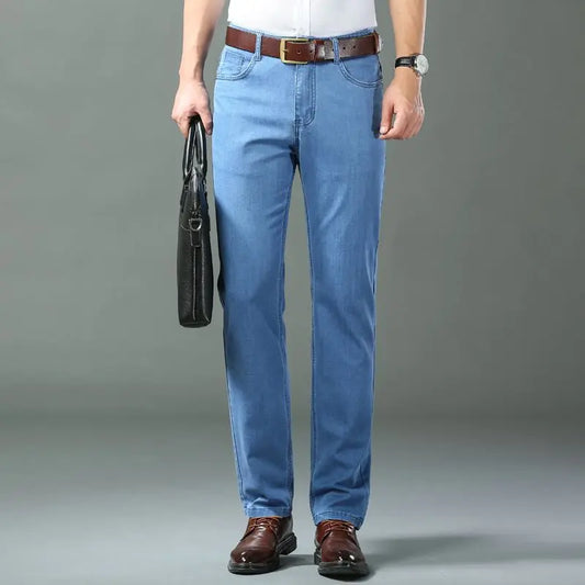 Summer Thin Classic Style Men Brand Jeans Business Casual Stretch Straight Denim Pants Light Blue Black Trousers Male - Shoppiline
