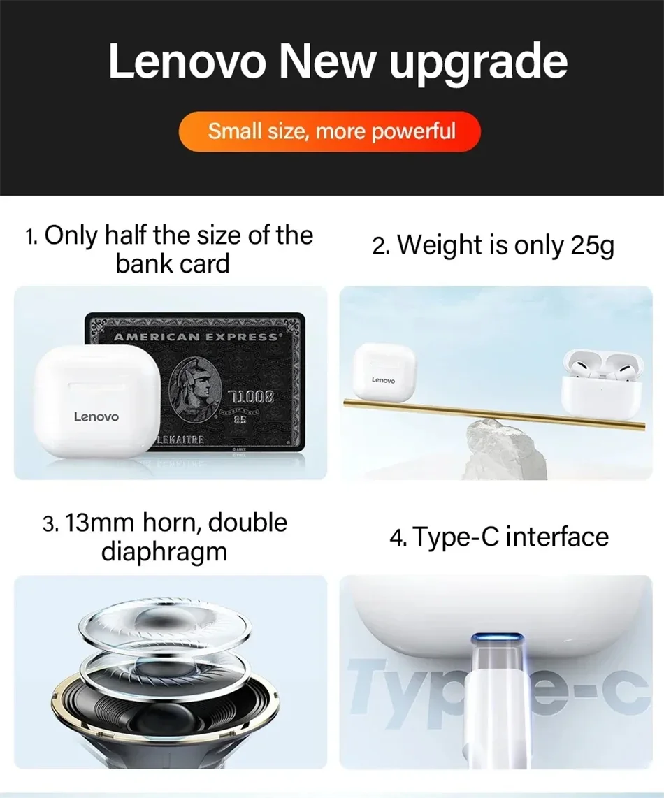 LenovoLP40 Bluetooth Earphones TWS Immersive Sound HIFI With Mic Wireless  Headphones Touch Control HD Call Game Earbuds fashion