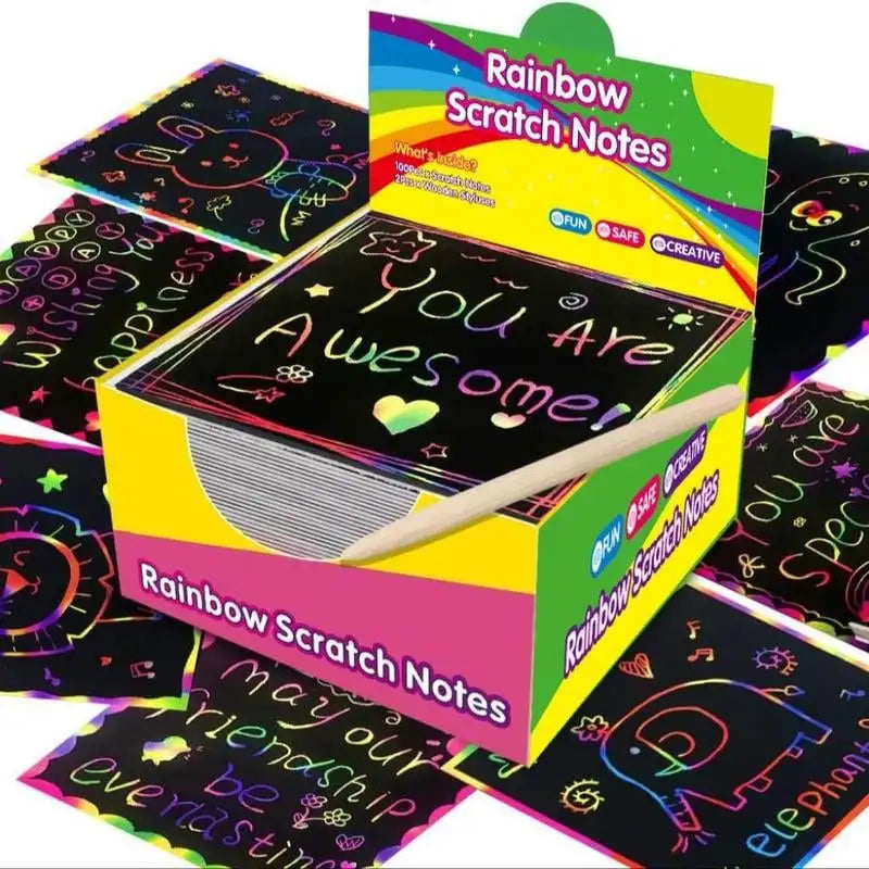 100 Sheets Magical Scratch Memo Boxes, Rainbow Scratch Mini Art Notes, Art Handmade DIY Party Supplies