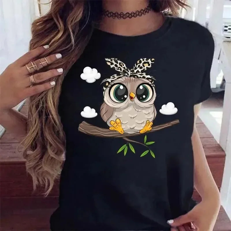 T-shirt imprimé hibou de dessin animé femmes Kawaii chemises graphiques décontractées à manches courtes t-shirt noir femme col rond Harajuku