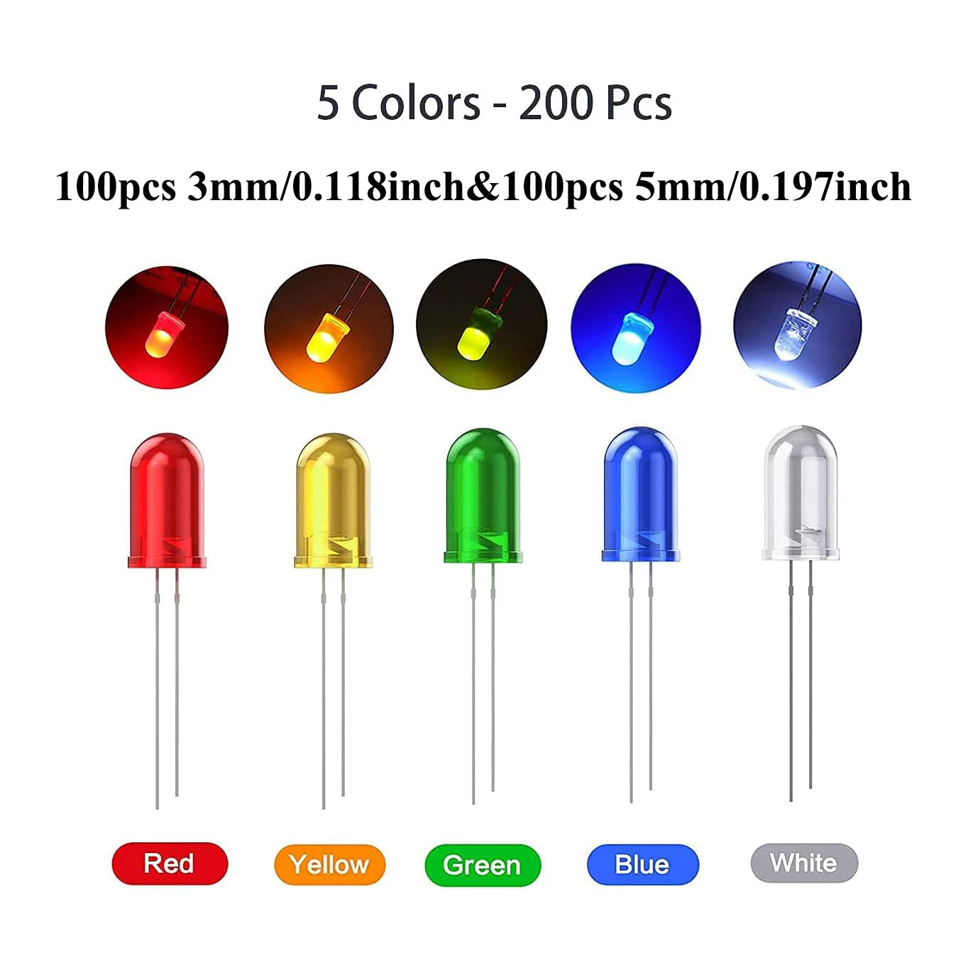 100/200Pcs 3mm 5mm LED Light Emitting Diodes Assortment Kit Round Diffused Led Circuit Component Assorted Set for Arduino