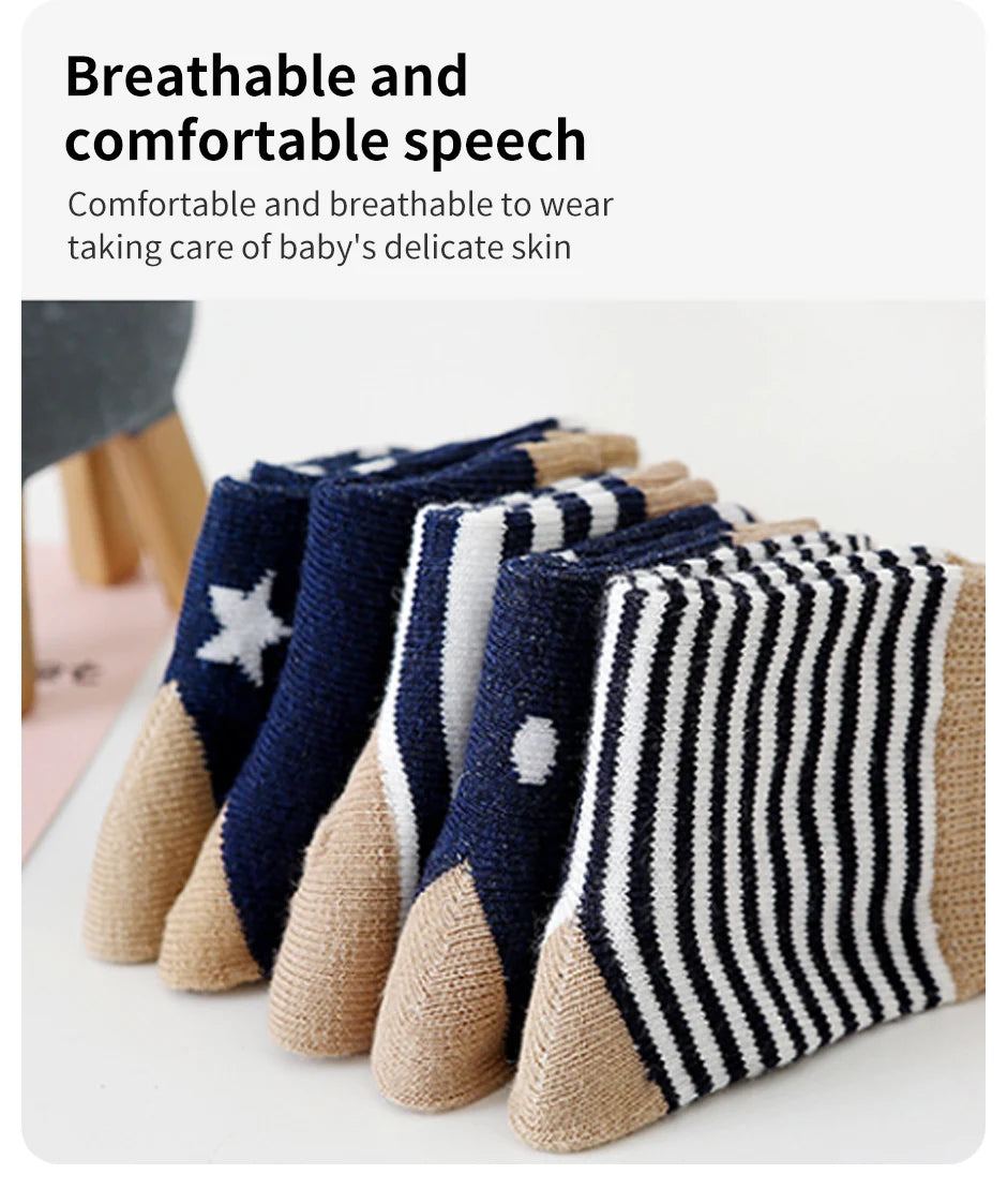 5 Paar Cartoon-Babysocken Frühling Herbst Streifen Punkte Mädchen Jungen Söckchen Weiche Kleinkind Kinder Kurze Socken