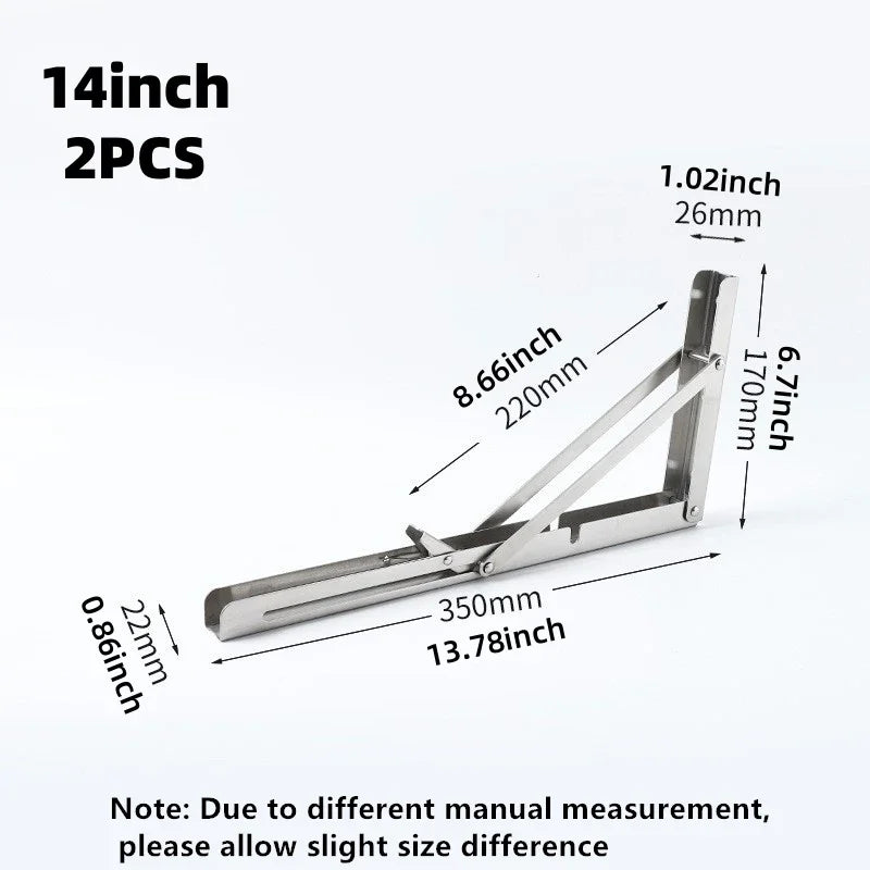 2PCS Heavy Duty Triangle Folding Angle Shelf Bracket Stainless Steel Collapsible Shelf Bracket for Table Work Bench Wall Mounted
