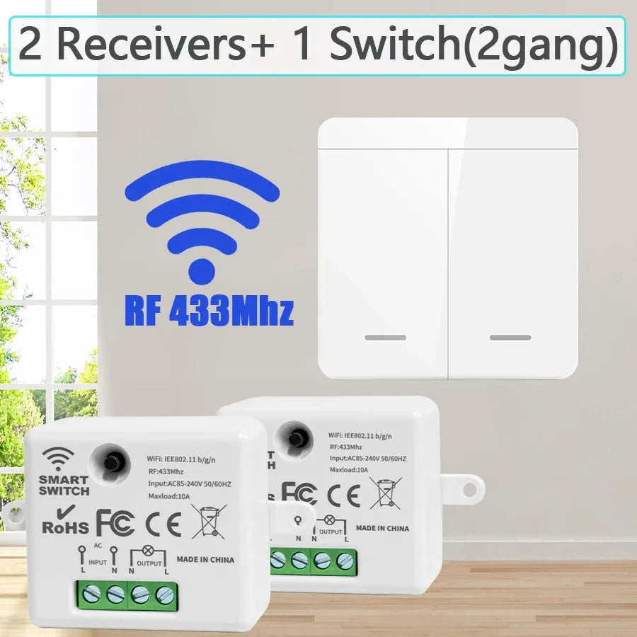 433MHz Wireless Smart Switch 1/2/3 Gang 86 Wall Panel Remote Control Light Switch 10A 110V 220V Home Bedroom Staircase LED Lamp