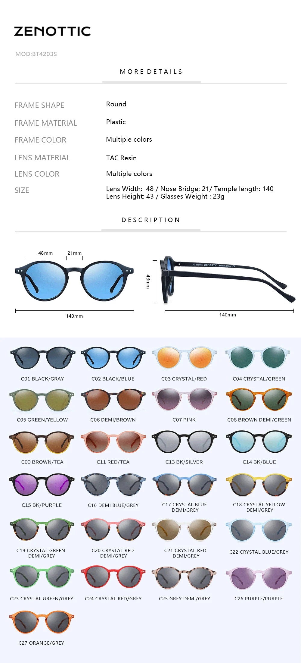 ZENOTTIC Lunettes de Soleil Rétro Polarisées 2023 2024 Hommes Femmes Vintage Petite Monture Ronde Lunettes de Soleil Verres Polarisés UV400 Nuance