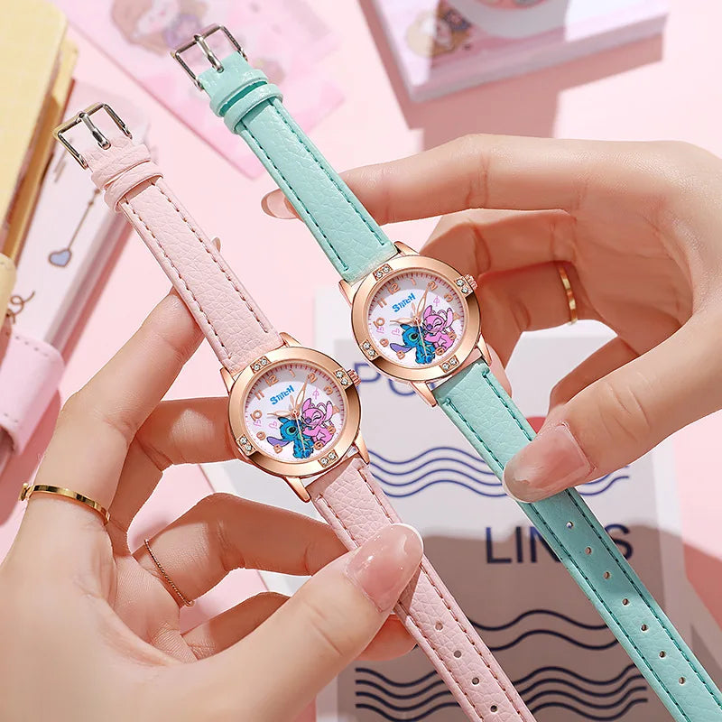 New Cartoon Pattern Stitch Girls Watches for Kids Leather Strap Children Watch with Rhinestone Dial reloj stich Exquisite Gift