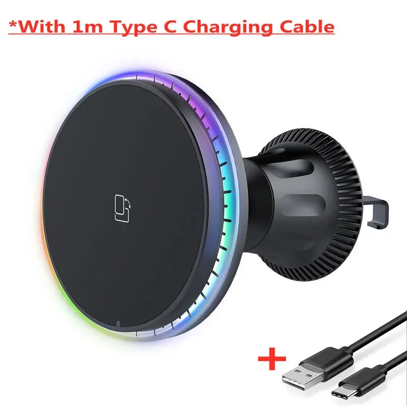 Magnetic Car Wireless Charger RGB For iPhone12 13 14 15 16 17 Pro Max Macsafe Car Phone Holder Stand Mount Fast Charging Station - Shoppiline