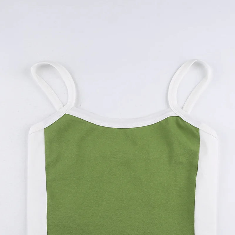 Débardeurs courts en maille sans manches Vert Sexy Basique Patchwork Été 2023 Casual Cami Dos nu Y2k Vintage Débardeur Femme