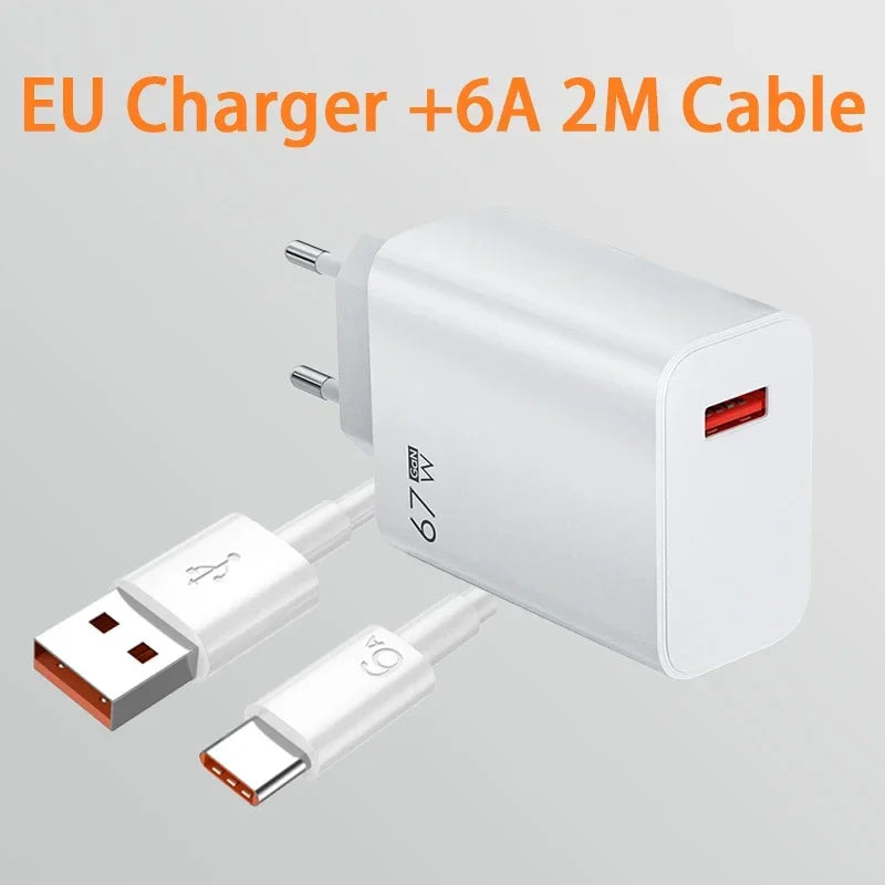 67W USB Fast Charging Wall Charger Power Adapter 6A Type C Cable For Xiaomi Redmi Note11 Mobile Phone Quick Charging Accessories
