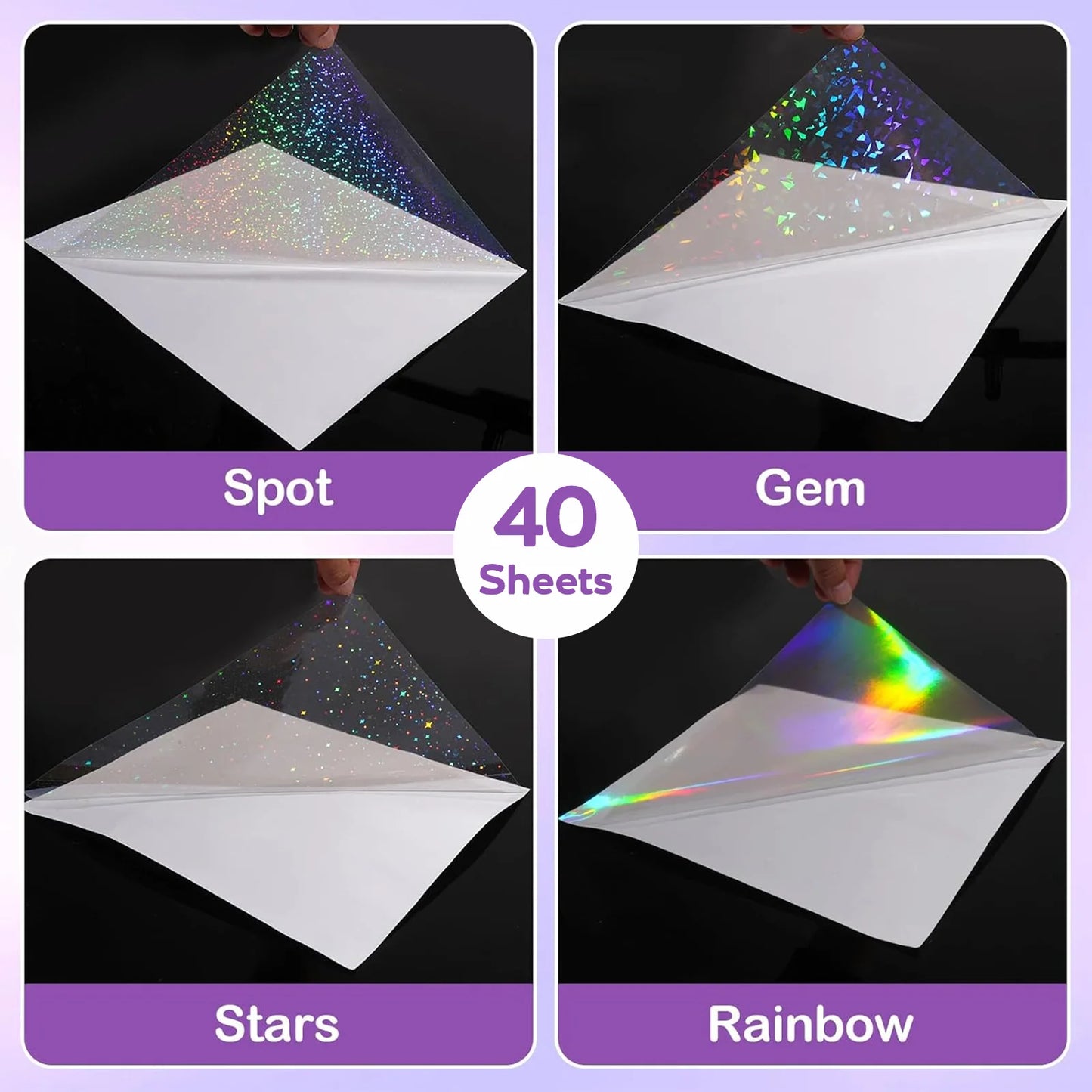 40 Blatt A4 Klare Holografische Kaltlaminierfolie 21 x 29,7 cm Selbstklebende Folie 4 Stile Gemischt: Diamant, Regenbogen, Sterne, Punkte