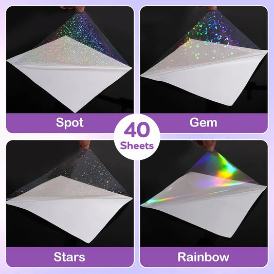 40 Sheets A4 Clear Holographic Cold Lamination Film 8.3×11.7" Self-Adhesive Film 4 Styles Mixed: Diamond, Rainbow, Stars, Dots
