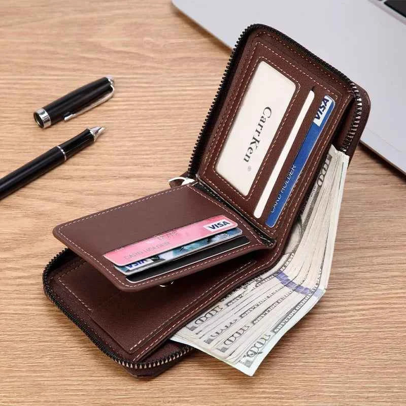 Men's PU Waxed Oil Leather Wallet Short Bifold Coin Purse with All-Around Zipper for Cash And Cards