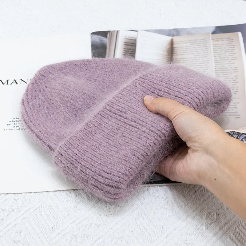 Bonnets d'hiver pour femmes en fourrure de lapin tricotés, bonnets épais à revers, bonnets amples et doux pour le ski.