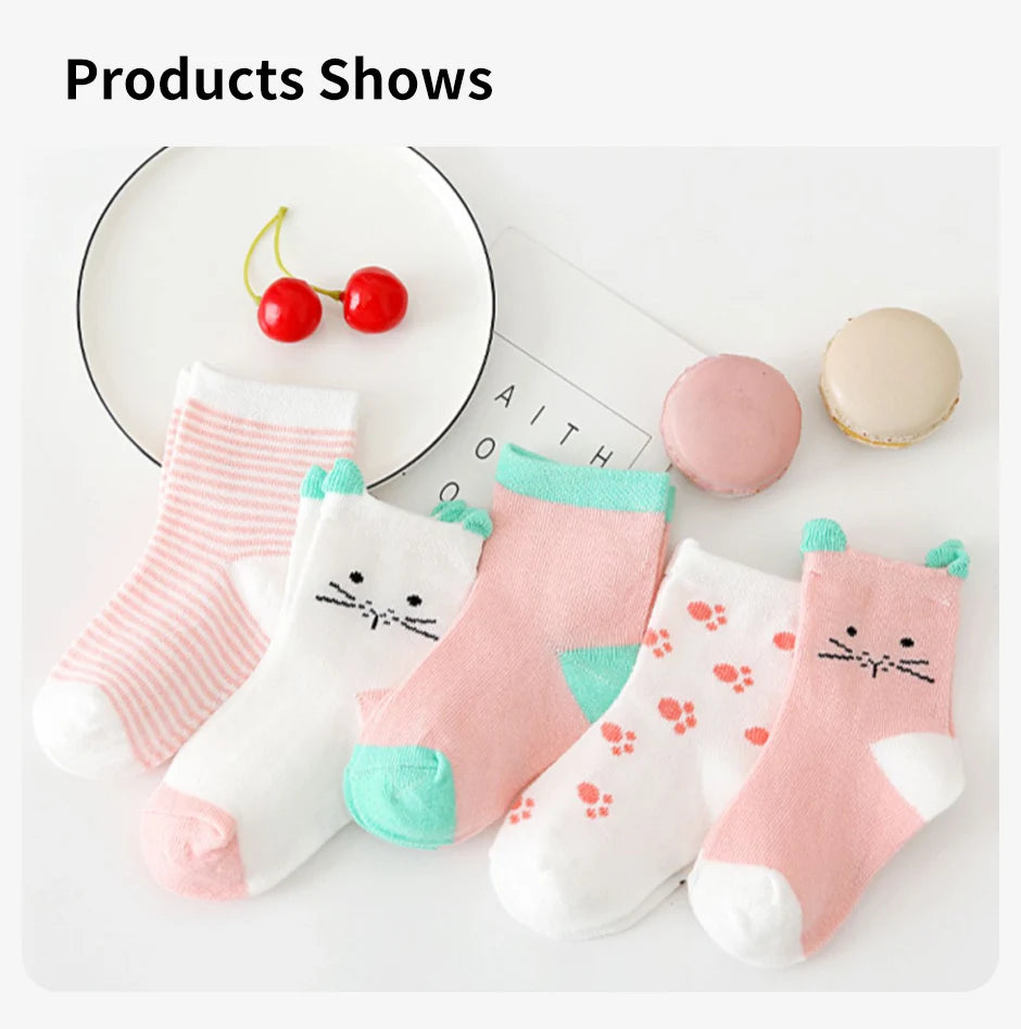 5 Paar Cartoon-Babysocken Frühling Herbst Streifen Punkte Mädchen Jungen Söckchen Weiche Kleinkind Kinder Kurze Socken