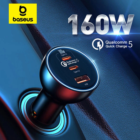 Baseus 160W Car Charger QC 5.0 Fast Quick Charging PPS PD3.0 USB Type C Car Phone Charge For iPhone 13 14 15 Pro Laptops Tablets - Shoppiline