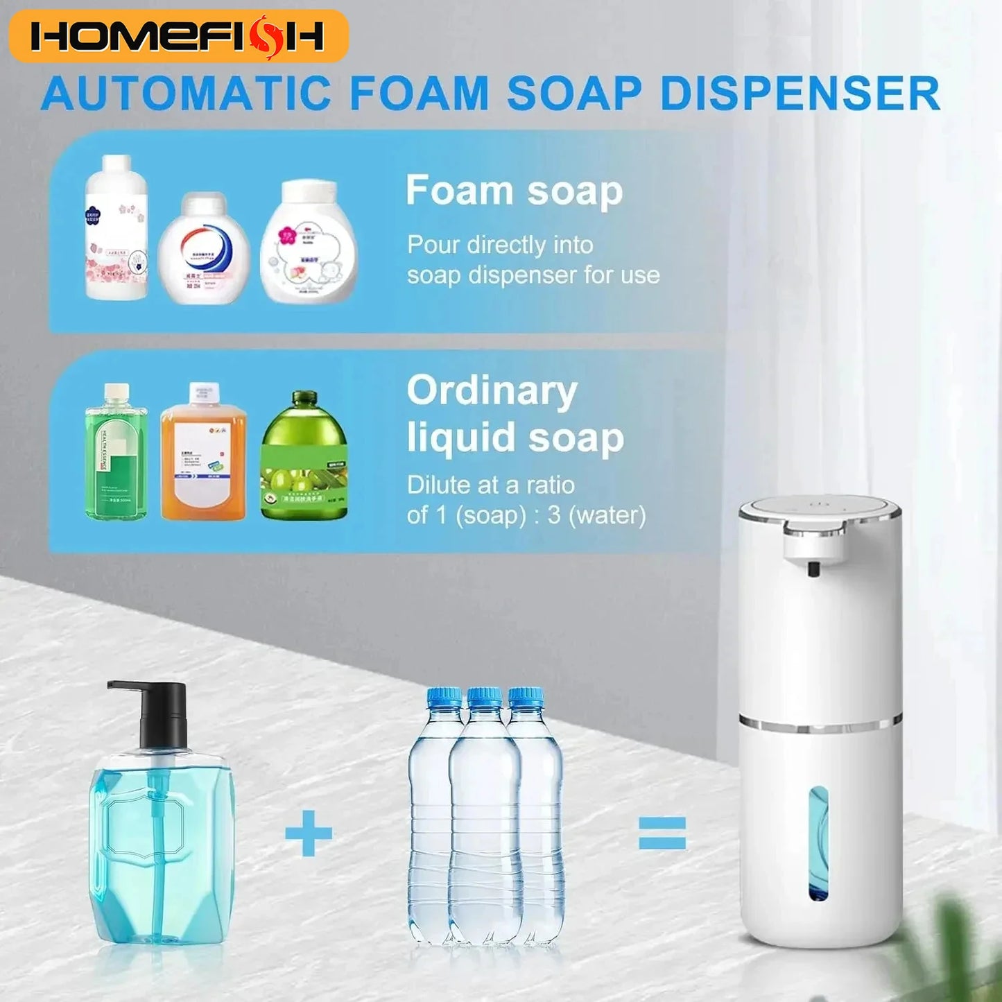 HOMEFISH Automatic Soap Dispenser Touchless Foaming Soap Dispenser 380ml USB Electric 4 Level Adjustable Foam Soap Dispenser