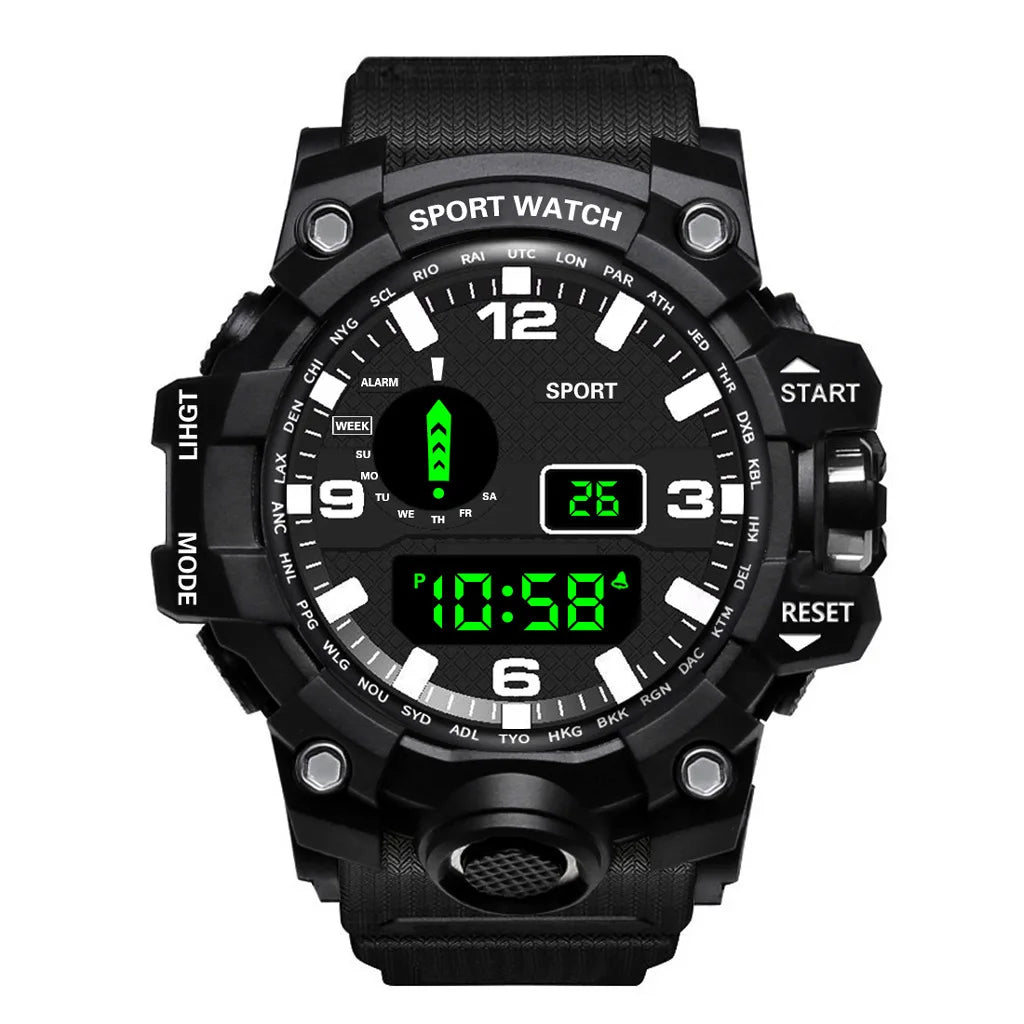 Mode Herrenuhr Sportliche elektronische Armbanduhr Großes Zifferblatt Multifunktional Wasserdicht Leuchtend Alarm Kinder Militäruhr für Herren