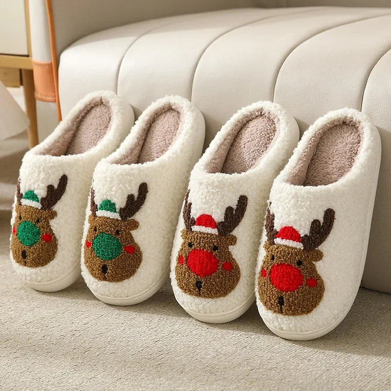 Weihnachten Elch Baumwollhausschuhe für Damen Herren Winter Süße Cartoon Zuhause Rutschfeste Paar Bodenhausschuhe Indoor Plüschschuhe 20