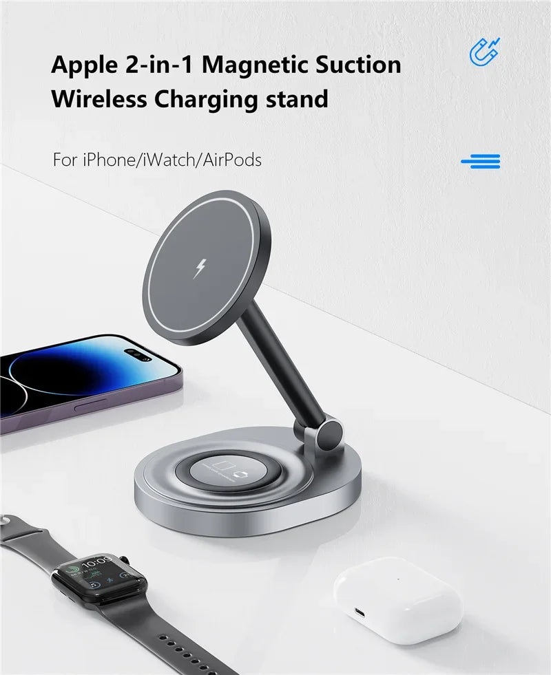 Magnetic 2 In 1 Wireless Charger Stand  Pad Fast Charging Station Dock For iPhone 15 14 13 12 Pro Max Apple Watch 8 7 6 Airpods - Shoppiline