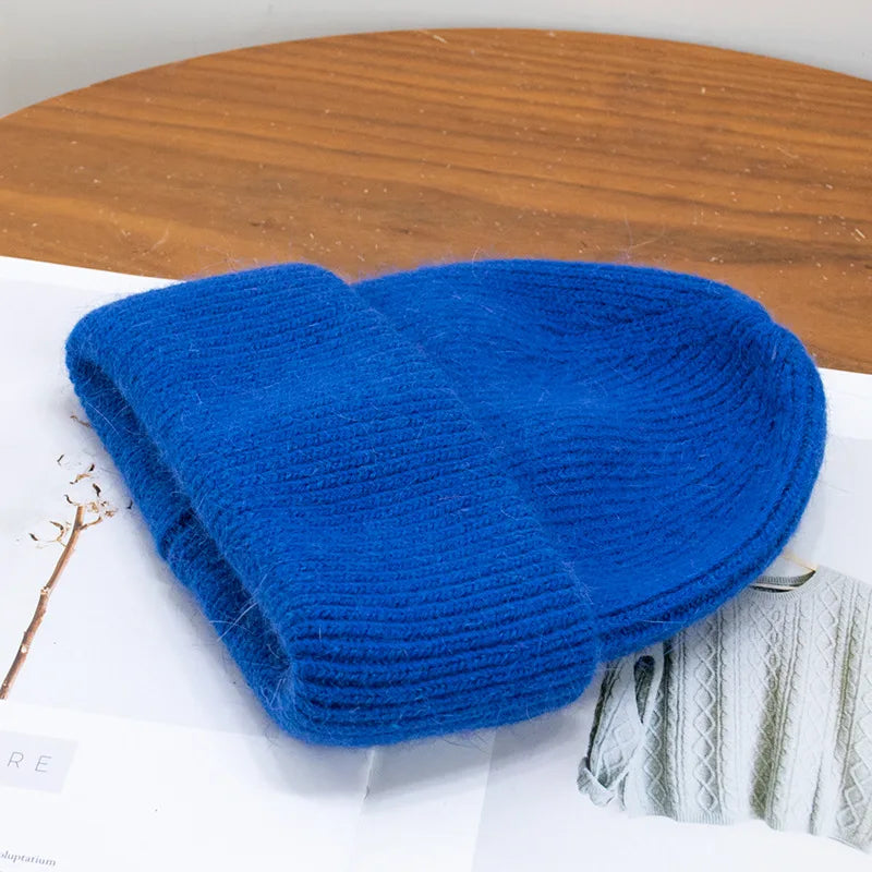 Bonnets d'hiver pour femmes en fourrure de lapin tricotés, bonnets épais à revers, bonnets amples et doux pour le ski.