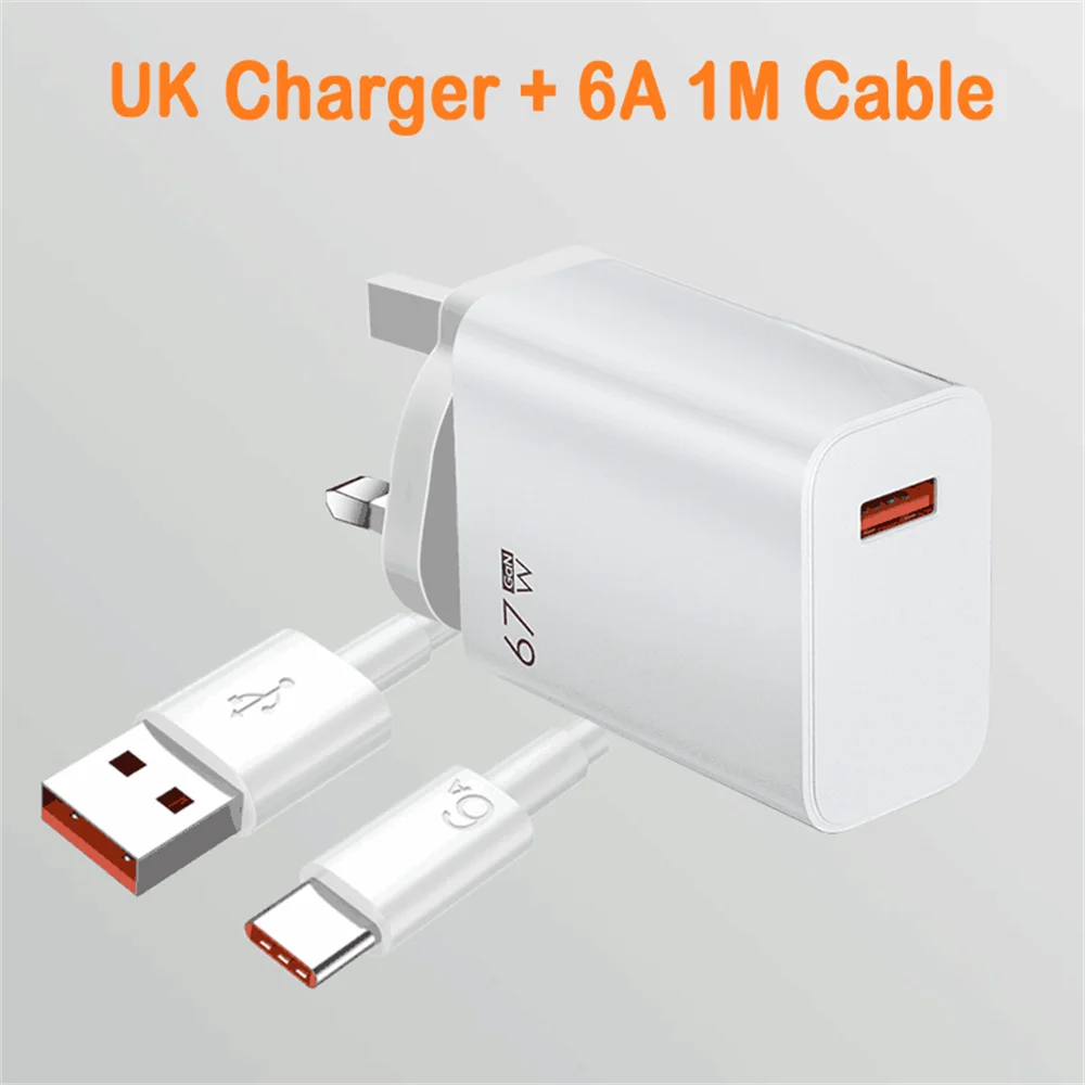 USB GaN Charger Total 67W Fast Charging Wall Phone Adapter 6A USB TypeC Cable Quick Charge 3.0 Plug For iPhone Samsung Xiaomi