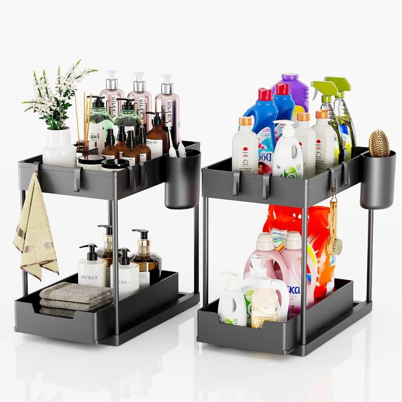 Under Sink Organizers 2 Tier Under Bathroom Cabinet Holder with Hooks & Hanging Cup, Multi-Purpose Storage Shelf for  Kitchen - Shoppiline