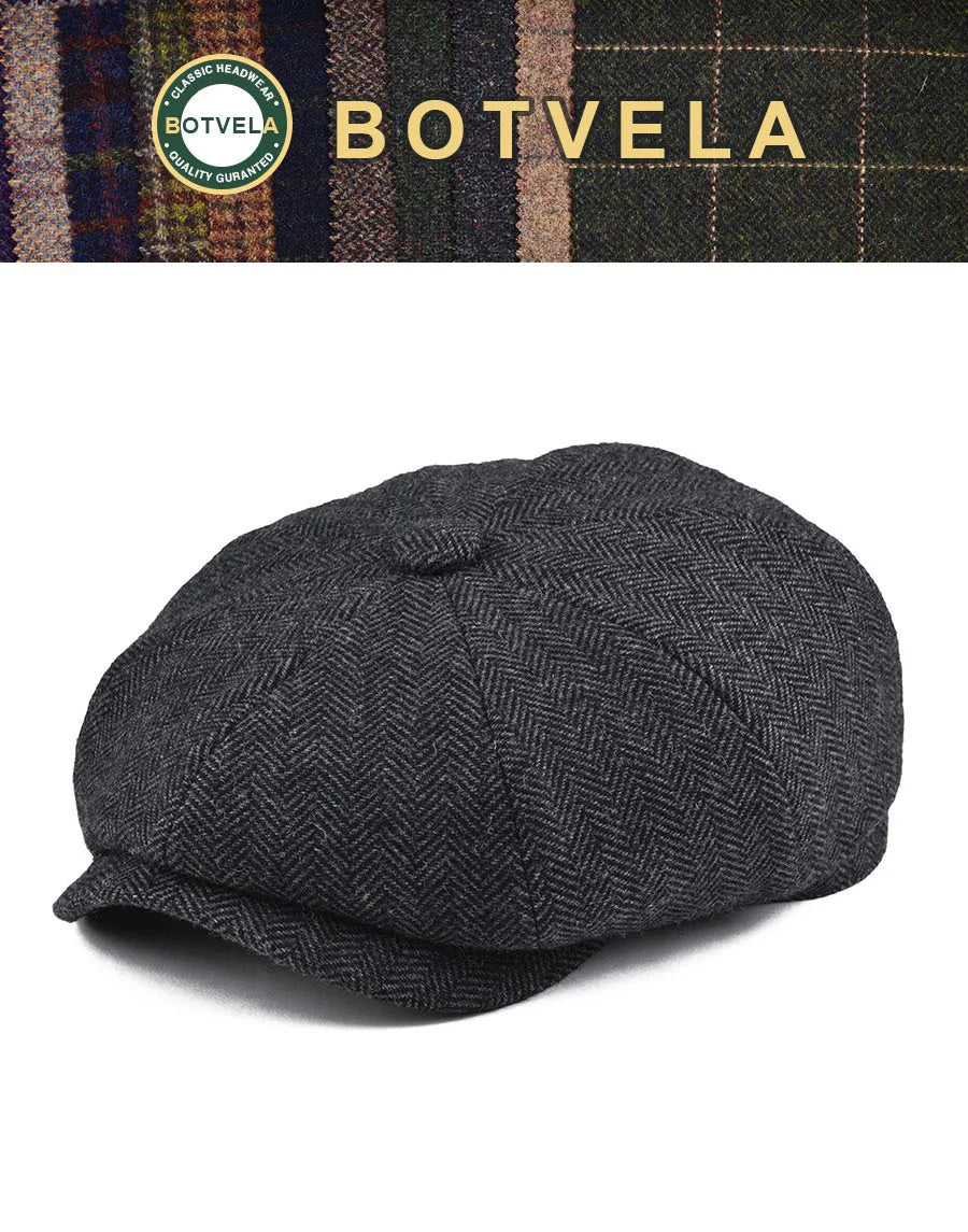 BOTVELA Wool Tweed Newsboy Cap Herringbone Men British Gatsby Retro Hat Driver Flat Cap for Male Vintage Herringbone Beret