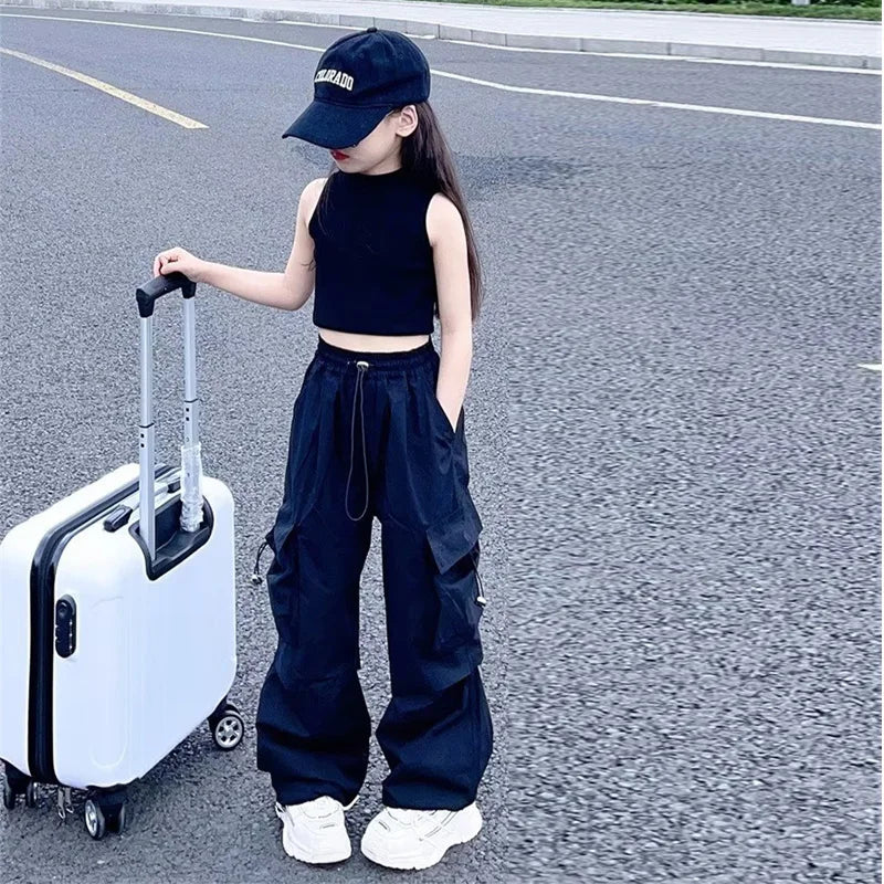 Girls Sports Cargo Pants Kids Fashion Straight Baggy Trousers Children Streetwear Sweatpants Teenager Vintage Casual Pants
