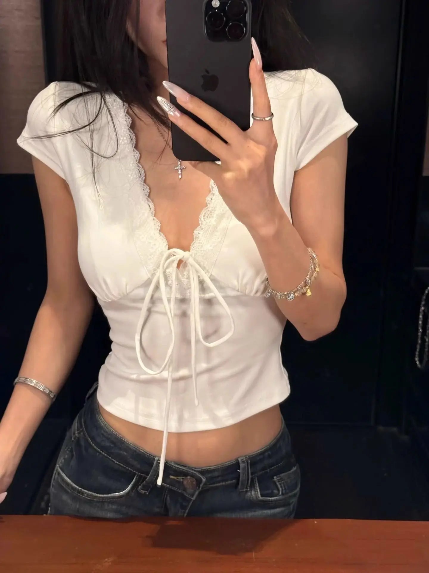Women Solid Lace Tops V-Neck Short Sleeves Satin Slim Regular Streetwear Tees Female Summer Pure Desire Hot Girl T Shirts 2026
