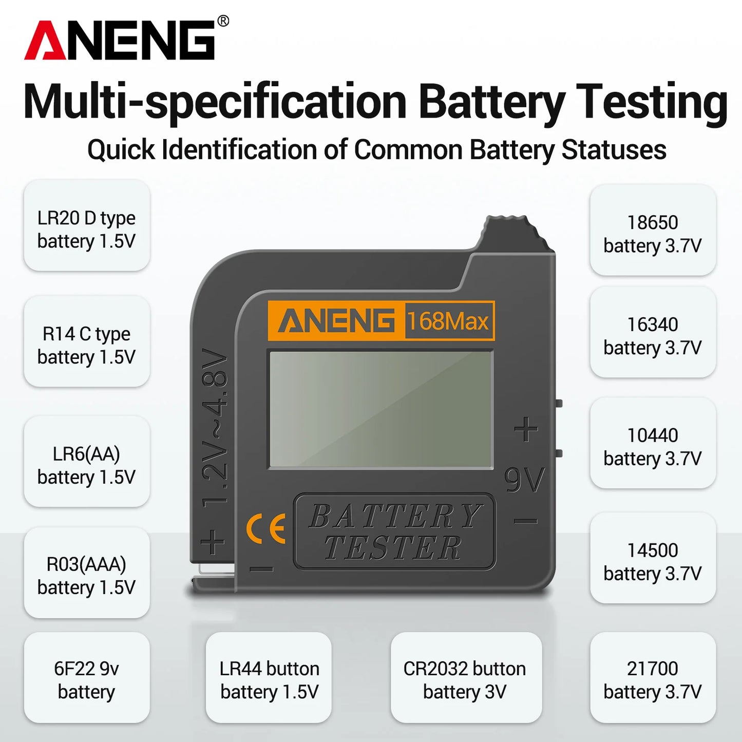 Universal Lithium Battery Tester ANENG 168Max Capacity Test Checkered Load Analyzer Check AAA AA Button Cell Home Essential Tool