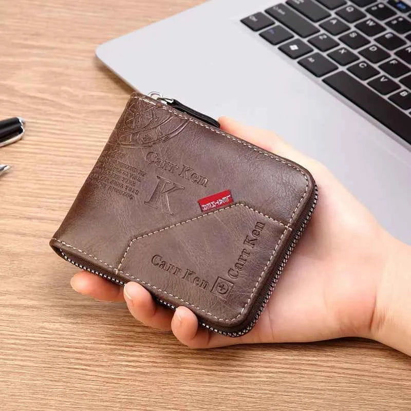 Men's PU Waxed Oil Leather Wallet Short Bifold Coin Purse with All-Around Zipper for Cash And Cards