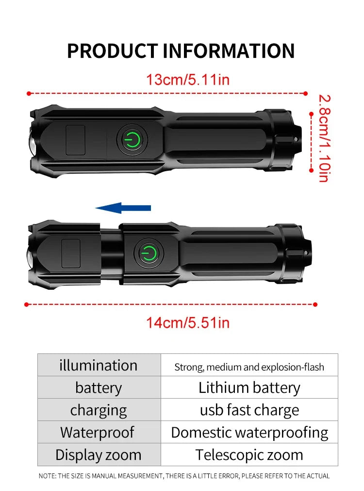 LED Camping Torch Flashlight High Power Rechargeable USB Spotlight Zoom Lantern Built-in Battery For Fishing Outdoor Waterproof
