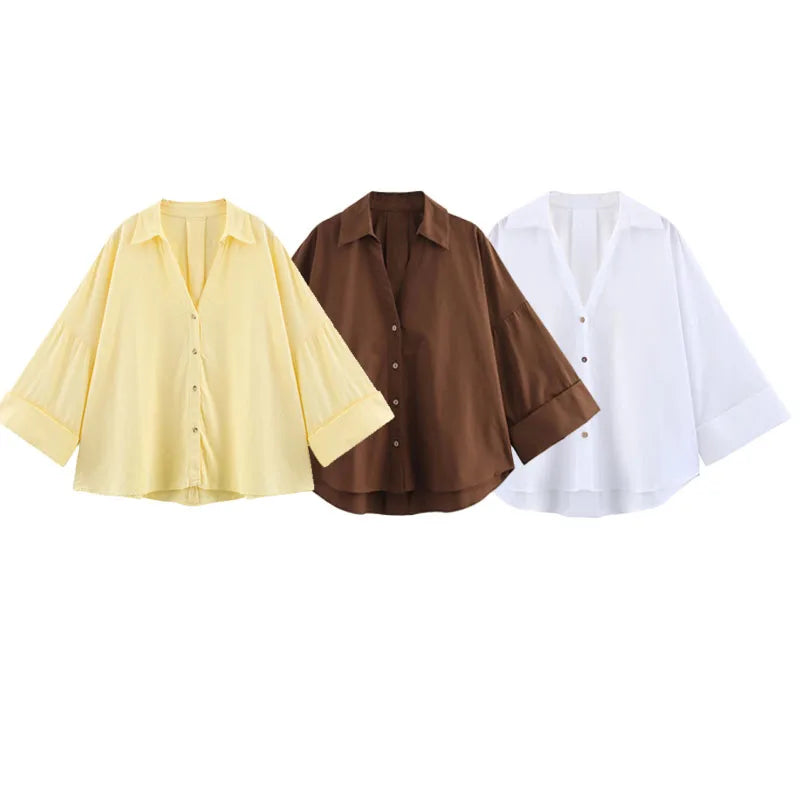 2025 Spring Summer Women Long Sleeve V Neck Solid Color Blouse Shirt Office Wear Casual Work Loose Fit Lightweight Chic Tops
