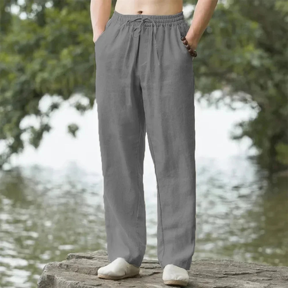 2025 summer men's cotton and linen oversized wide leg pants, men's artistic style elastic waist solid color casual loose pants